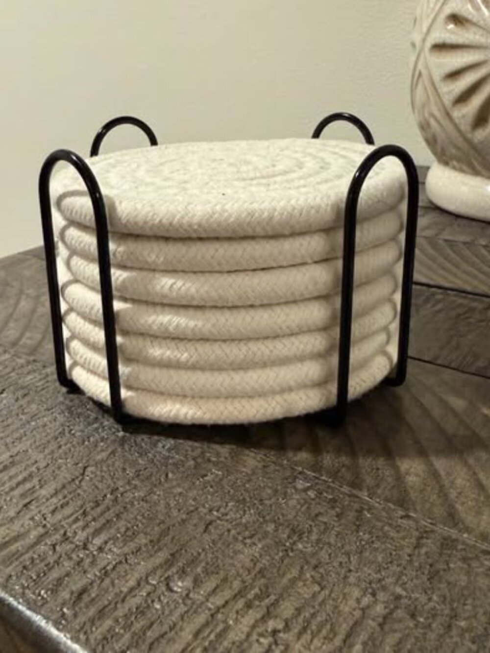 White Round Cotton Rope Coasters w/Metal Rack Soft Absorbent Drink Mats Set of 8